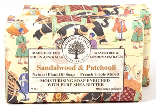 Wavertree & London Natural Plant Oil French Triple Milled Moisturizing Soap with Pure Shea Butter 7 oz each Sandalwood & Patchouli (2-Pack)
