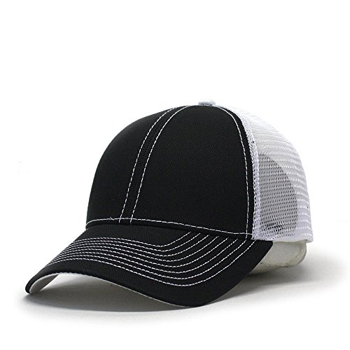 Vintage Year Plain Cotton Twill Mesh Adjustable Trucker Baseball Cap (Black/Black/White)