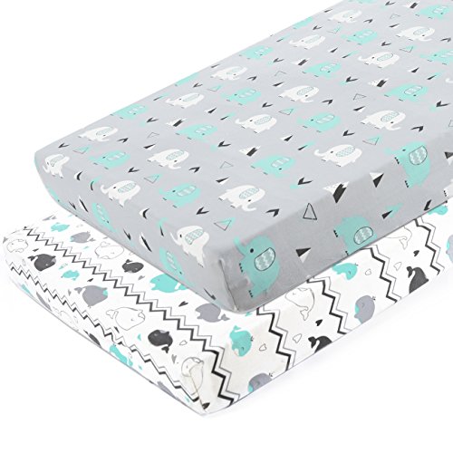 Pack n Play Stretchy Fitted Pack n Play Playard Sheet Set BROLEX 2 Pack Portable Mini Crib Sheets,Convertible Playard Mattress Cover,Ultra Soft Material，Elephant & Whale