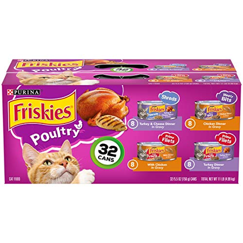 Purina Friskies Gravy Wet Cat Food Variety Pack, Poultry Shreds, Meaty Bits & Prime Filets - Cans of 5.5 oz. each, (Pack of 32)