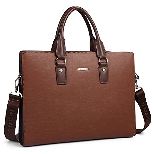 BOSTANTEN Leather Lawyers Briefcase Shoulder Laptop Business Slim Bags for Men & Women Coffee