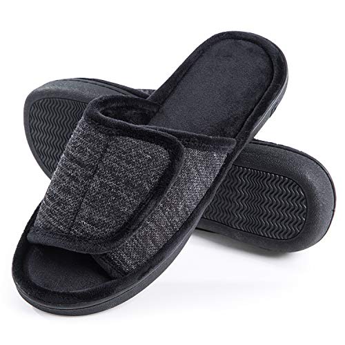 DL Adjustable Mens Slippers Memory Foam, Open Toe House Slippers For Men Comfy Indoor Outdoor, Cozy Breathable Slide Bedroom Velcor Slippers Size 9-10 Black