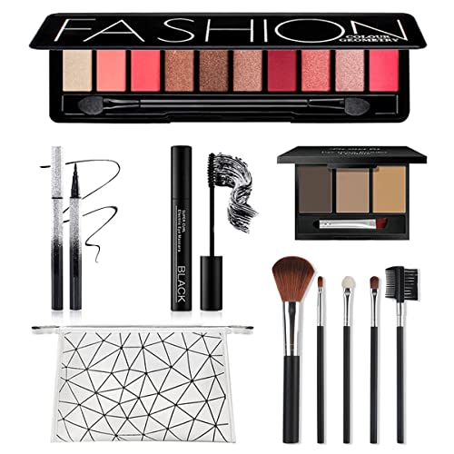 All in One Makeup Kit, Includes 10 Colors Eyeshadow Palette, Lash Mascara, Liquid Eyeliner, Eyebrow Powder, 5 Pcs Makeup Brush Set and Cosmetic Bag, Makeup Gift Set for Women & Teens