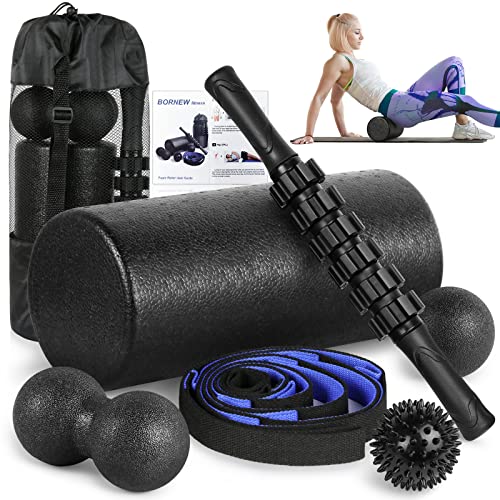Foam Roller Set - High Density Back Roller, Muscle Roller Stick,2 Foot Fasciitis Ball, Stretching Strap, Peanut Massage Ball for Whole Body Physical Therapy & Exercise, Back Pain, Leg, Deep Tissue