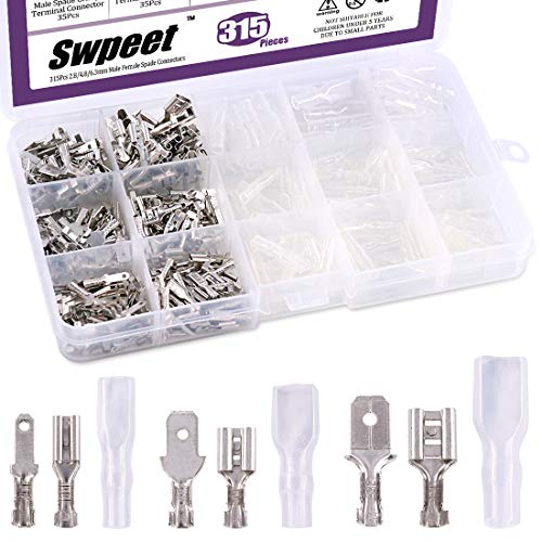 Swpeet 315Pcs 2.8/4.8/6.3mm Male and Female Spade Quick Connectors Wire Crimp Terminal Block with Insulating Sleeve Assortment Kit Perfect for Electrical Wiring Car Audio Speaker