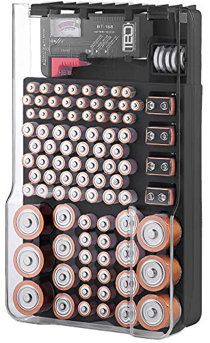 The Battery Organizer and Tester with Cover, Battery Storage Organizer and Case, Holds 93 Batteries of Various Sizes, Includes a Removable Battery Tester, Battery Holder for Garage Organization, Black