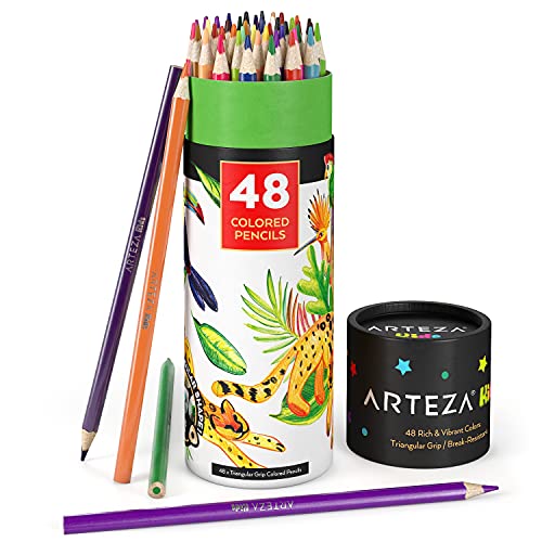 Arteza Kids Colored Pencils, Set of 48 Vibrant Colors, Triangular Pencil Crayons, Pre-Sharpened, Art Supplies for School, Art Class, and Doodling