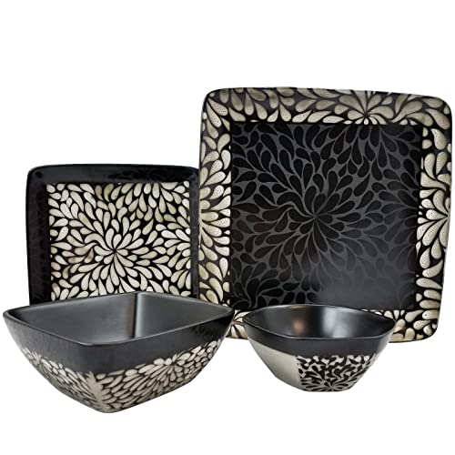 Elama Square Stoneware Pattern Dinnerware Dish Set, 16 Piece, Matte Black with Tan Petal Design
