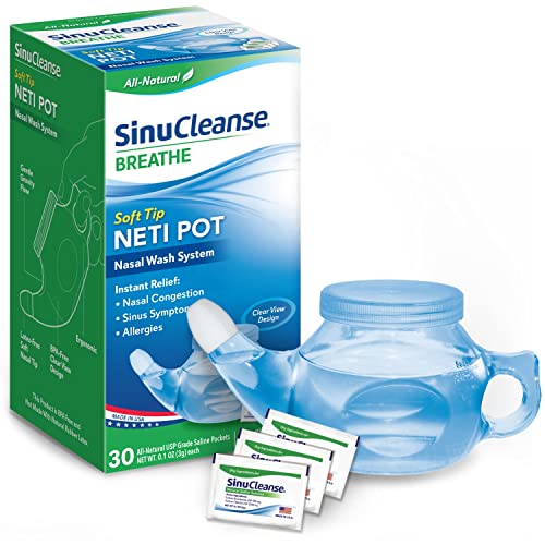 SinuCleanse Soft Tip Neti-Pot Nasal Wash Irrigation System Relieves Nasal Congestion & Irritation due to Cold & Flu, Dry Air, Allergies, Includes 30 All-Natural, Pre-Mixed Buffered Saline Packets