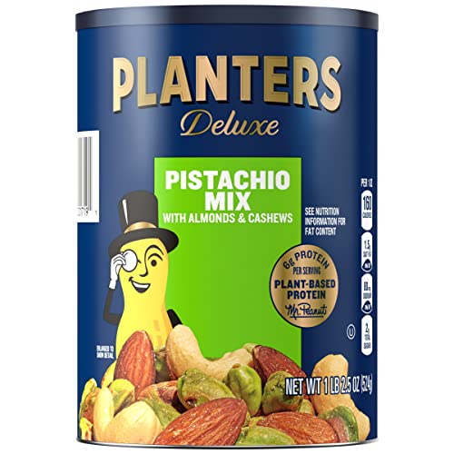 PLANTERS Deluxe Pistachio Mix, 1.15 lb. Resealable Canister - Deluxe Pistachio Mix: Pistachios, Almonds & Cashews Roasted in Peanut Oil with Sea Salt - Kosher, Savory Snack