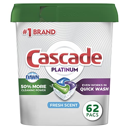 Cascade Platinum Dishwasher Pods, Actionpacs Dishwasher Detergent With Dishwasher Cleaner Action, Fresh Scent, 62 Count