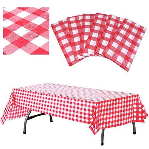 AnapoliZ Plastic Checkered Tablecloth | 6 Pcs Pack - 54” Wide x 108” Long | Red and White Picnic Disposable Table Cover | Rectangular Gingham Tablecover for Birthdays, Carnivals, Parties
