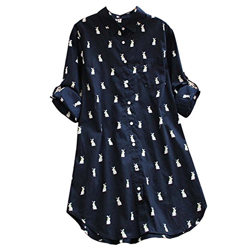 Ashir Aley Navy Plus Size Animal Print Cute Rabbits Pattern Longline Button Down Casual Tunic Shirt(XL,Navy)