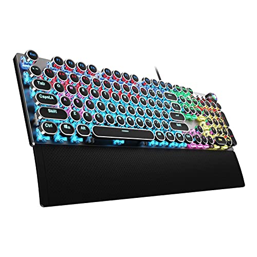AULA F2088 Typewriter Style Mechanical Gaming Keyboard, Blue Switches, Rainbow LED Backlit, Removable Wrist Rest, Media Control Knob, Retro Punk Round Keycaps, USB Wired Computer Keyboard