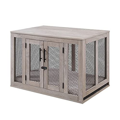 unipaws Furniture Dog Crate with Tray for Medium Dogs, Indoor Aesthetic Puppy Kennel Pet House Dog Cage with Door, Modern Decorative Wood Pretty Cute Fancy End Side Table Nightstand, Grey