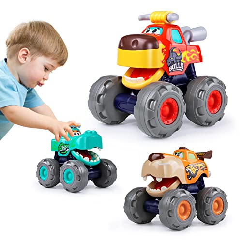 Toy Cars For 1 2 3 Year Old 3 Pack Monster truck Toy Push & Go Crocodile Friction Powered Bull Pull Back Leopard Car Big Wheel Animal Car Baby Toy Gift For 12 18 Month Boys Girls Toddlers