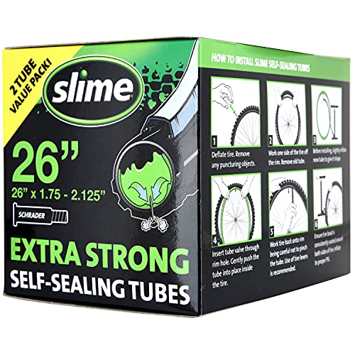 Slime 30074 Bike Inner Tubes with Puncture Sealant, Extra Strong, Self Sealing, Prevent and Repair, Schrader Valve, 26'x1.75-2.125', Value 2-Pack