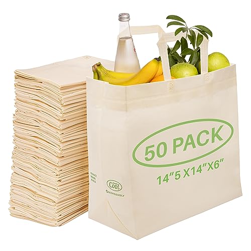 Simply Cool 50 Pack Reusable Eco-Friendly Large Grocery Shopping Bags 14.5'x14'x6.6' Durable, Recyclable,Washable, Foldable, Portable Tote Bags Bulk (50 Pack Reusable Bags, Cream)