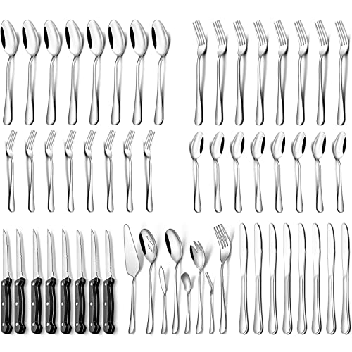 Umite Chef 56-Piece Silverware Set with Steak Knives, Stainless Steel Flatware Set, Cutlery Set for 8, Fork Spoon Knife Set Eating Utensils Tableware for Home Hotel, Dishwasher Safe