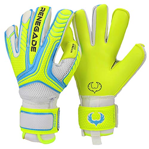 Renegade GK Vulcan Surge Goalie Gloves with Pro-Tek Fingersaves | 3.5+3mm Hyper Grip & 4mm Duratek | Neon Yellow & Blue Soccer Goalkeeper Gloves (Size 6, Youth, Kids, Roll-Neg Hybrid Cut, Level 3)