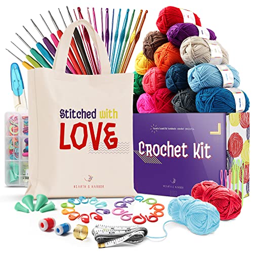 73 Piece Crochet Kit with Crochet Hooks Yarn Set - Premium Bundle Includes Yarn Balls, Needles, Accessories Kit, Canvas Tote Bag and Lot More - Starter Pack for Kids Adults – Beginner, Professionals.