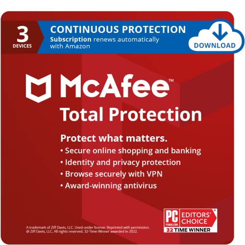 McAfee Total Protection 2023 | 3 Device | Antivirus Internet Security Software | VPN, Password Manager, Dark Web Monitoring | 1 Year with Auto Renewal - Amazon Exclusive Subscription