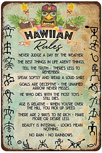 Mocozim Rustic Retro Metal Tin Sign Hawaiian Rules Funny Vintage Sign plaques Wall Decor Home Sign Funny Farm Metal Signs Bathroom 8X12 inch