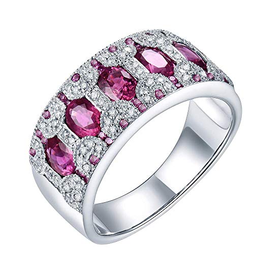 Lanmi 14K White Gold Pink Sapphire Engagement Diamonds Ring Wedding Band for Women