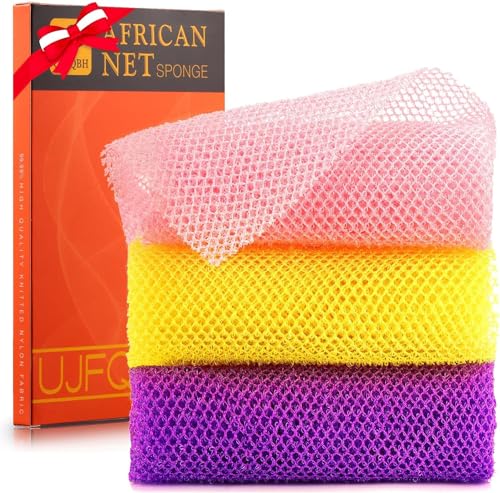 UJFQBH 3 Pieces African Bath Sponge African Net Long Net Bath Sponge Exfoliating Shower Body Scrubber Back Scrubber Skin Smoother,Great for Daily Use (Pink,Yellow,Purple)