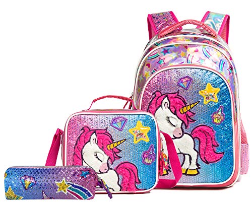 HTgroce Girls Plush Unicorn School Rolling Backpack Set Lightweight Kids Backpack Lunch Bag for Preschool Kindergarten Elementary Girls 16.5'