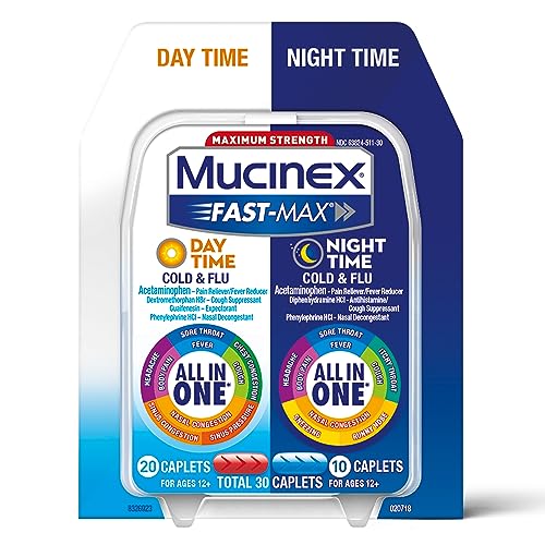 Mucinex Fast-Max Day Time Cold & Flu and Night Time Cold & Flu Medicine, Maximum Strength All in One Multi Symptom Relief for Congestion, Sore Throat, Headache, Cough and Reduces Fever, 30 Caplets