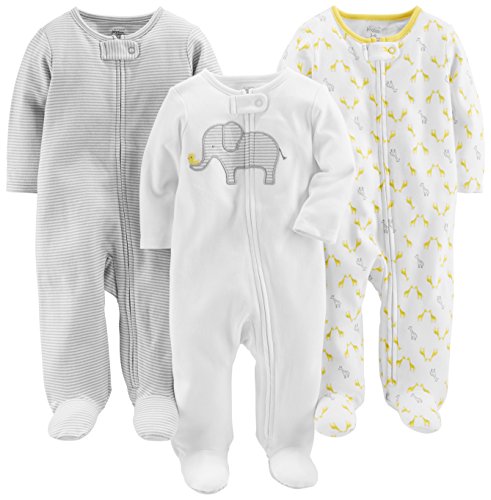 Simple Joys by Carter's Baby Girls' Cotton Footed Sleep and Play, Pack of 3, Elephant/Stripe/Giraffe, 0-3 Months