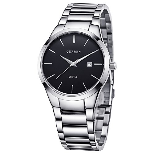 CURREN Men's Watches Classic Black/Silver Steel Band Quartz Analog Wrist Watch with Date for Man (Silver Black)