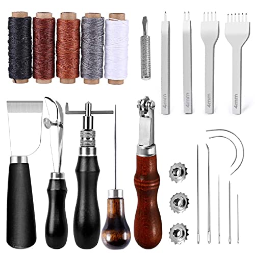 UOOU 21 Pcs Leather Repair Sewing Kit, Leather Waxed Thread Leather Needle and Stitching Hole Punch Leather Groover Tool and Awl, Leather Working Tools for Beginner Leather Repair Leathercraft DIY