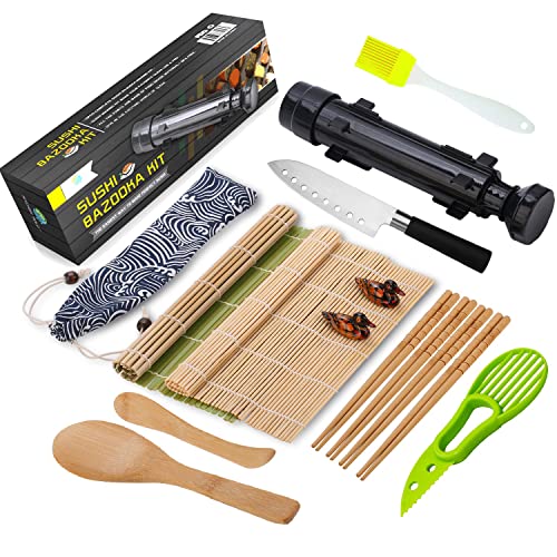 FUNGYAND Sushi Making Kit, All in One Sushi Bazooka Maker with Mats, Bamboo Chopsticks, Avocado Slicer, Paddle, Spreader, Sushi Knife, Chopsticks Holder, Cotton Bag, DIY Roller Machine