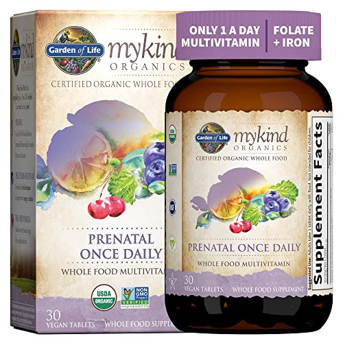Garden of Life Prenatal Vitamin: Folate for Energy & Healthy Fetal Development, Non-constipating Iron, Vitamin C, B6, B12, D3 – mykind Organics – Organic, Non-GMO, Gluten-Free, Vegan, 30 Day Supply