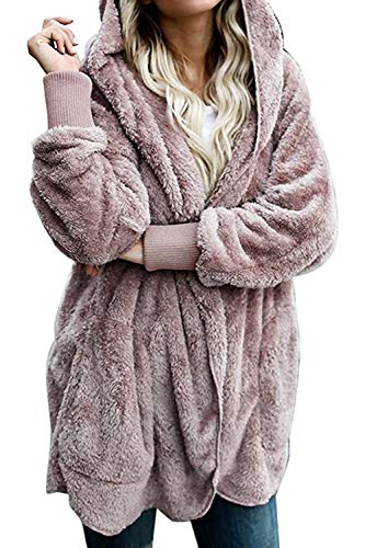 Zilcremo Women Hooded Cardigan Fuzzy Jackets Winter Open Front Fleece Coat Outwear with Pockets Purplish Brown S