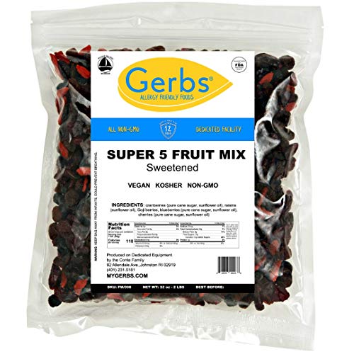 GERBS Super 5 Dried Fruit Snack Mix 2 LBS. Premium | Top 14 Food Allergy Free | Resealable Bulk Bag | Made in USA | Dried Blueberry Cranberry Cherry Raisin Goji Berries Trail Mix | Gluten Peanut Free