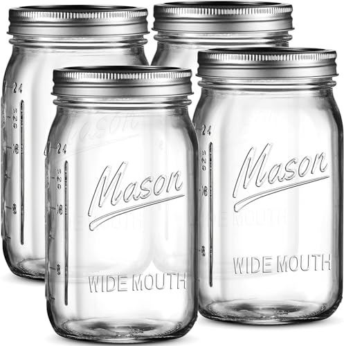 SEWANTA Wide Mouth Mason Jars 32 oz [4 Pack] With mason jar lids and Bands, mason jars 32 oz - For Canning, Fermenting, Pickling - Jar Decor - Microwave/Freeze/Dishwasher Safe.