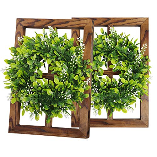 2 Pack Window Frames with Green Wreaths Wall Decor, Rustic Farmhouse Decoration 4 Pane Hanging Window Barnwood Frames Gifts for Home Living Room Kitchen Hallway Bedroom Decor (15' L×11' W×1.2' H)