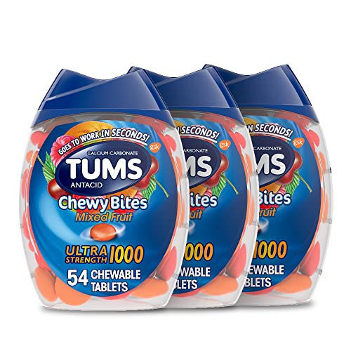TUMS Chewy Bites Ultra Strength Antacid Tablets for Chewable Heartburn Relief and Acid Indigestion Relief, Mixed Fruit, Acid Reducer, 54 Count, Pack of 3