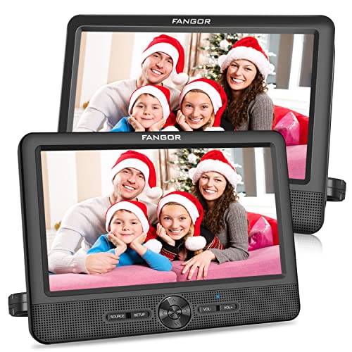 FANGOR 10’’ Dual Car DVD Player Portable Headrest CD Players with 2 Mounting Brackets, 5 Hours Rechargeable Battery, Last Memory, Free Regions, USB/SD Card Reader, AV Out&in (1 Player + 1 Screen)