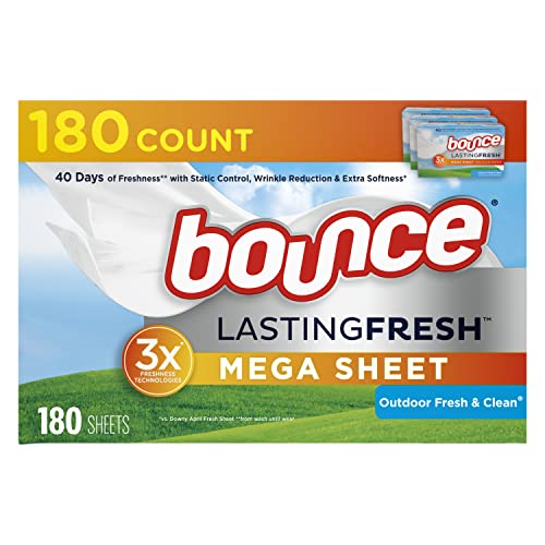 Bounce Lasting Fresh Mega Fabric Softener Dryer Sheets, Outdoor Fresh & Clean for Long Lasting Freshness, 180ct