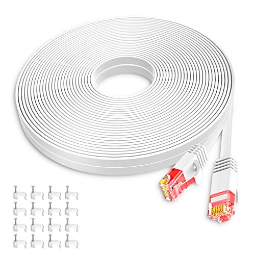 Cat 6 Ethernet Cable 60 ft White Computer LAN Cable Flat RJ45 high Speed Internet Patch Cable Ethernet Cord with Cable Clips for modems (White, 60FT)