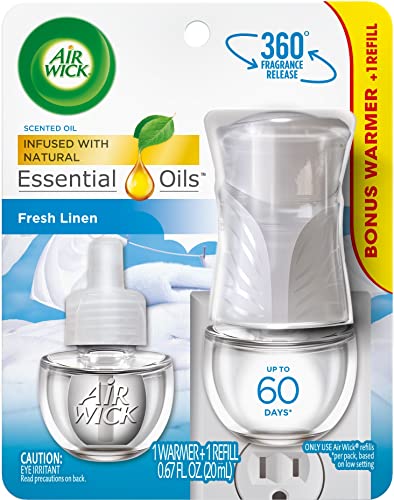 Air Wick plug in Scented Oil Kit (Warmer + 1 Refill), Fresh Linen, Same familiar smell of fresh laundry, New look, Packaging May Vary, Essential Oils, Air Freshener