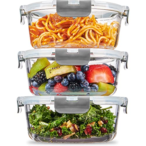 FineDine 6-Piece Superior Glass Food Storage Containers Set, 32oz Capacity - Newly Innovated Hinged Locking lids - 100% Leakproof Glass Meal-Prep Containers, Freezer-to-Oven-Safe (Blue)