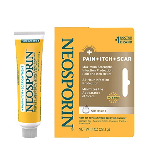 Neosporin First Aid Antibiotic Pain-Relieving, Anti-Itch, & Scar Ointment with Neomycin, Bacitracin Zinc, Pramoxine HCl & Polymyxin B, for Minor Cuts, Scrapes & Burns, 1 oz