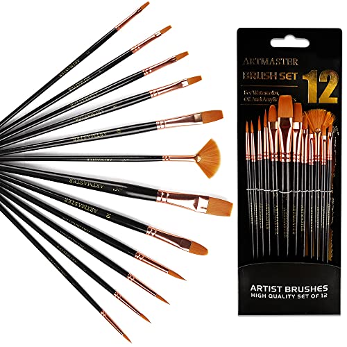ARTMASTER Paint Brushes for Acrylic Painting，12 Different Shapes and Sizes Artist Paint Brushes for Beginner & Professional Great for Watercolor, Acrylic, Oil,Fabric,Canvas,Nail,Face,Body Art