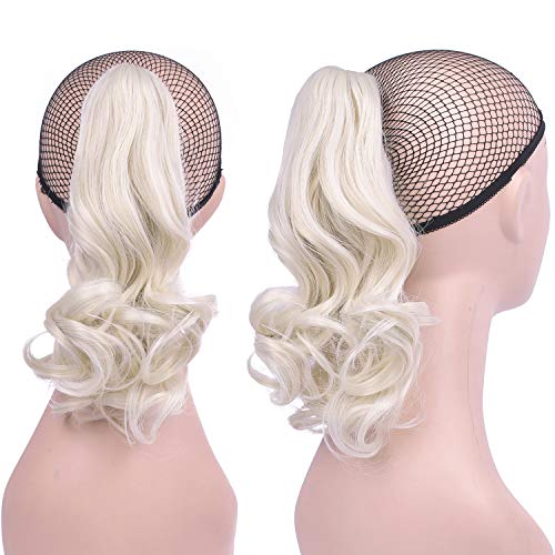 GIRLSHOW Short Wavy Claw Clip Ponytail Extensions 14 Inch 4.59 Oz Synthetic Hair Extensions Pony Tail Jaw Hairpiece Hair Extensions for Women Girls (Ash Platinum Blonde -#36, 14 Inch)