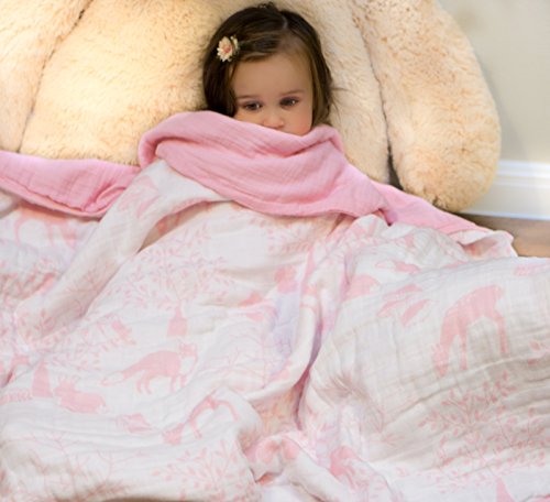 Clover & Sage Organic Muslin Baby Toddler Blanket - 100% Hypoallergenic Cotton Bed Blankets - Pink Forest